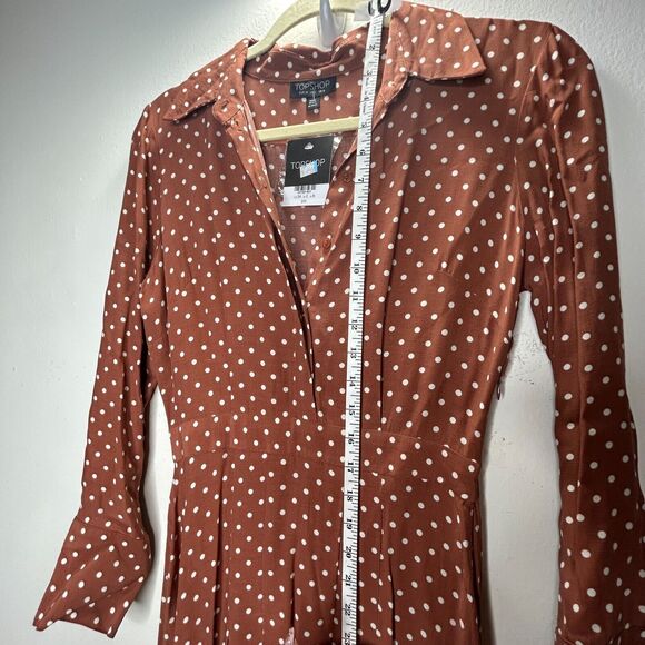 Topshop Brown Cream Polka-Dot 3/4 Sleeve Front Button Pleated Slit Maxi Dress 2 - Picture 12 of 14